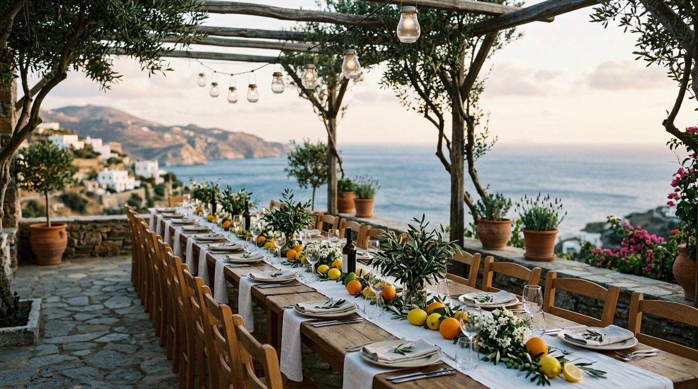 Mesa de banquete bajo un porche de olivos con centros de cítricos y vistas al mar al atardecer