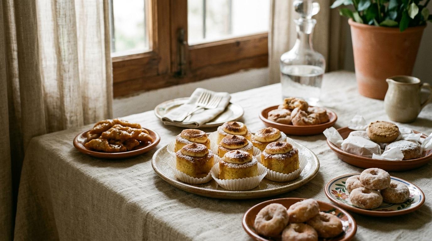 Mesa de dulces caseros con bizcochitos, rosquillas y pestiños junto a una ventana