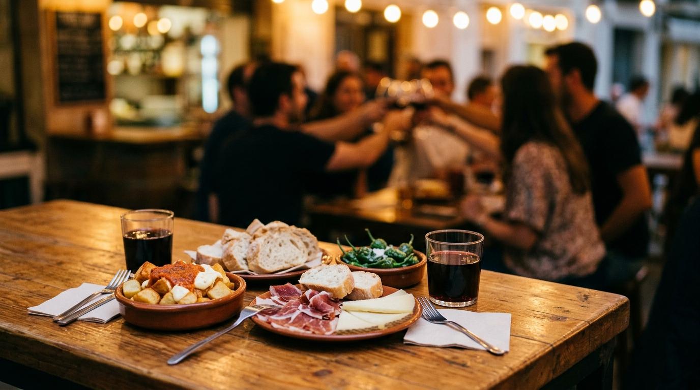 Mesa de tapas con jamón, patatas bravas y pimientos junto a un brindis desenfocado al fondo