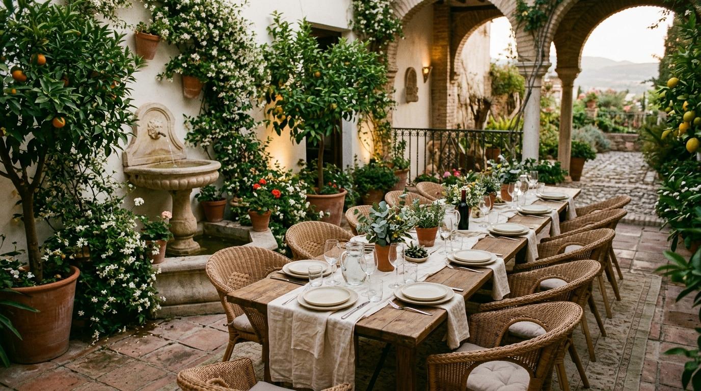 Mesa larga con manteles de lino en un patio andaluz con naranjos, fuente de piedra y arcos