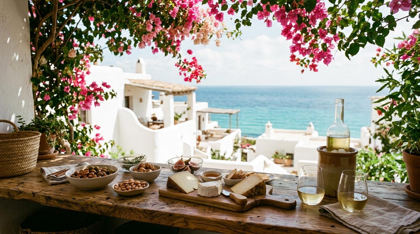 Tabla de quesos con higos y frutos secos junto a copas de vino blanco frente al mar