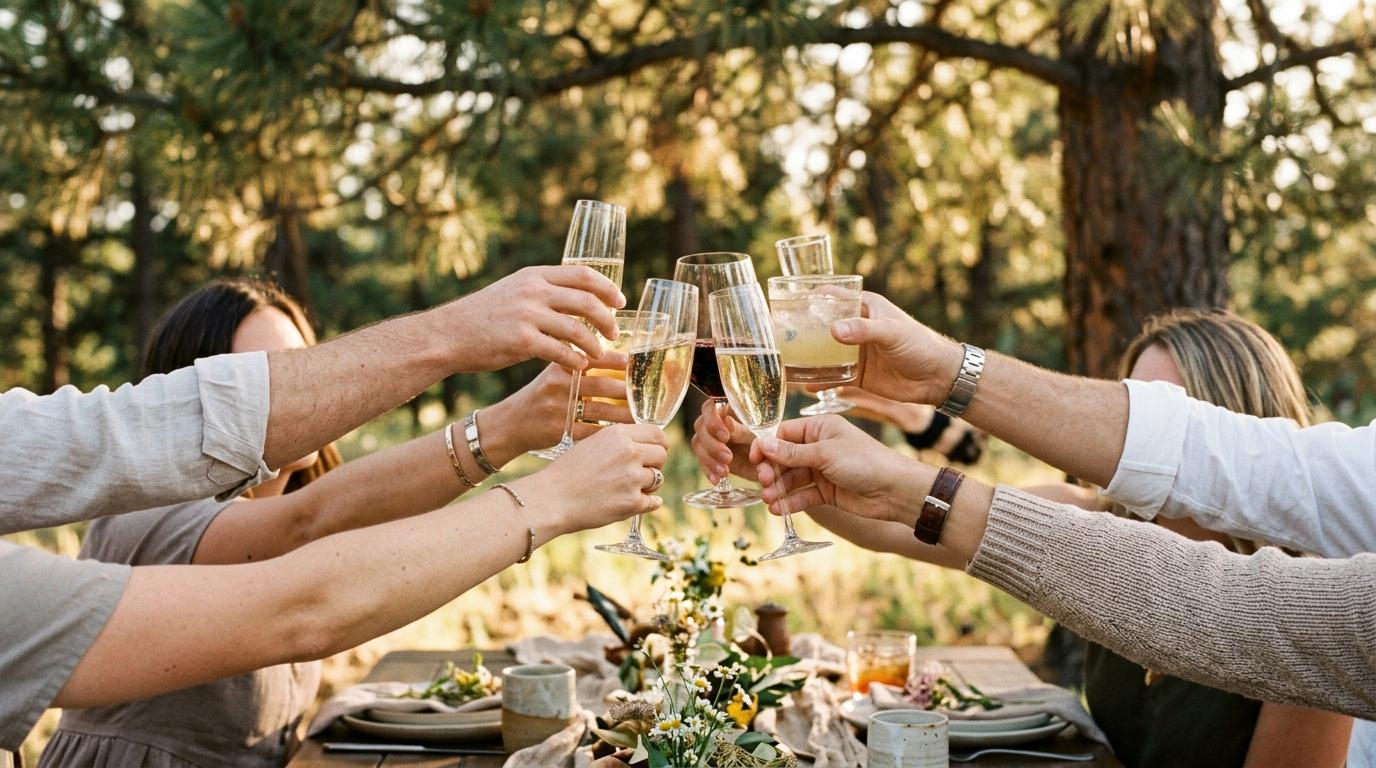 Manos brindando con copas de cava y cóctel al aire libre entre pinos