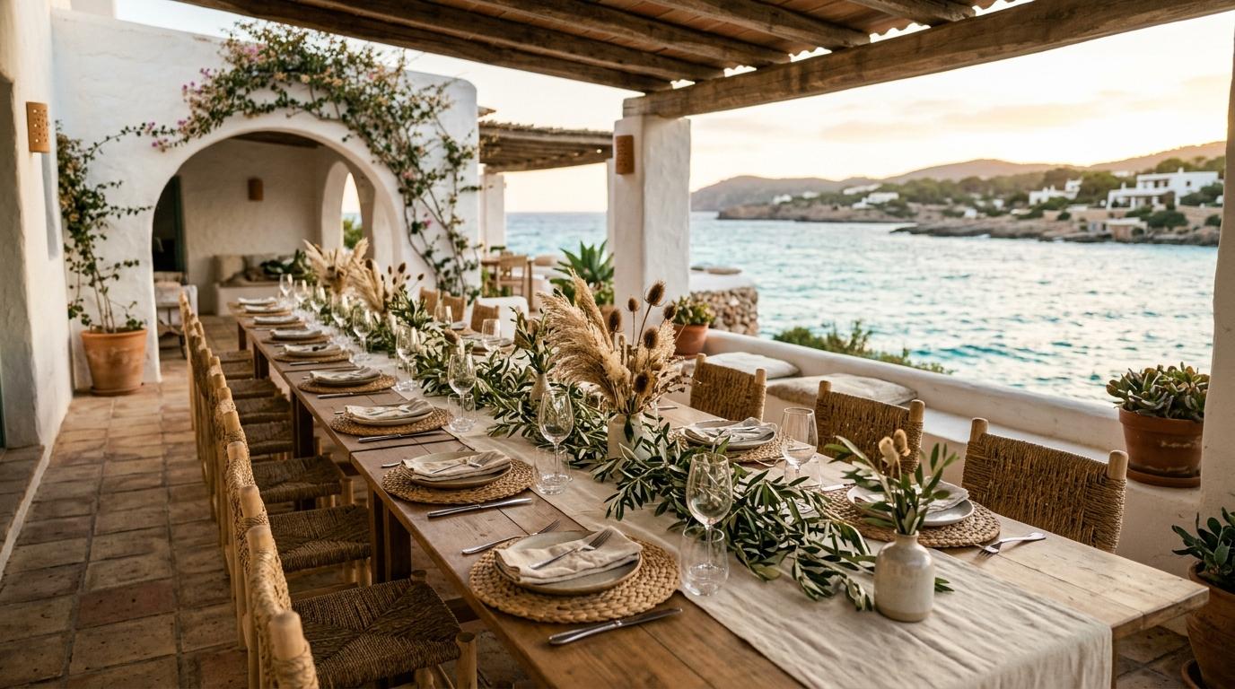 Terraza encalada con mesa vestida con ramas de olivo y plumeros secos frente al mar