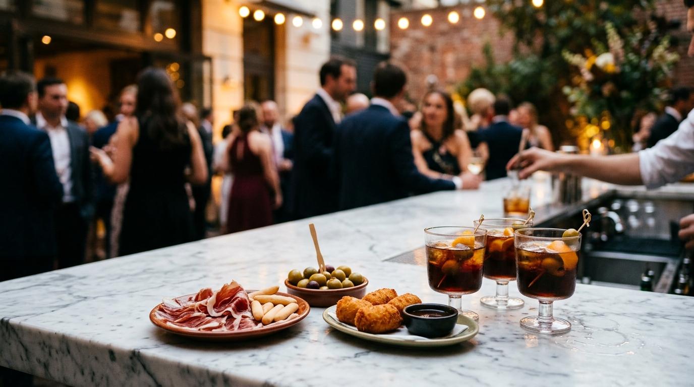 Barra de mármol con vermú, aceitunas y croquetas ante una fiesta desenfocada al fondo