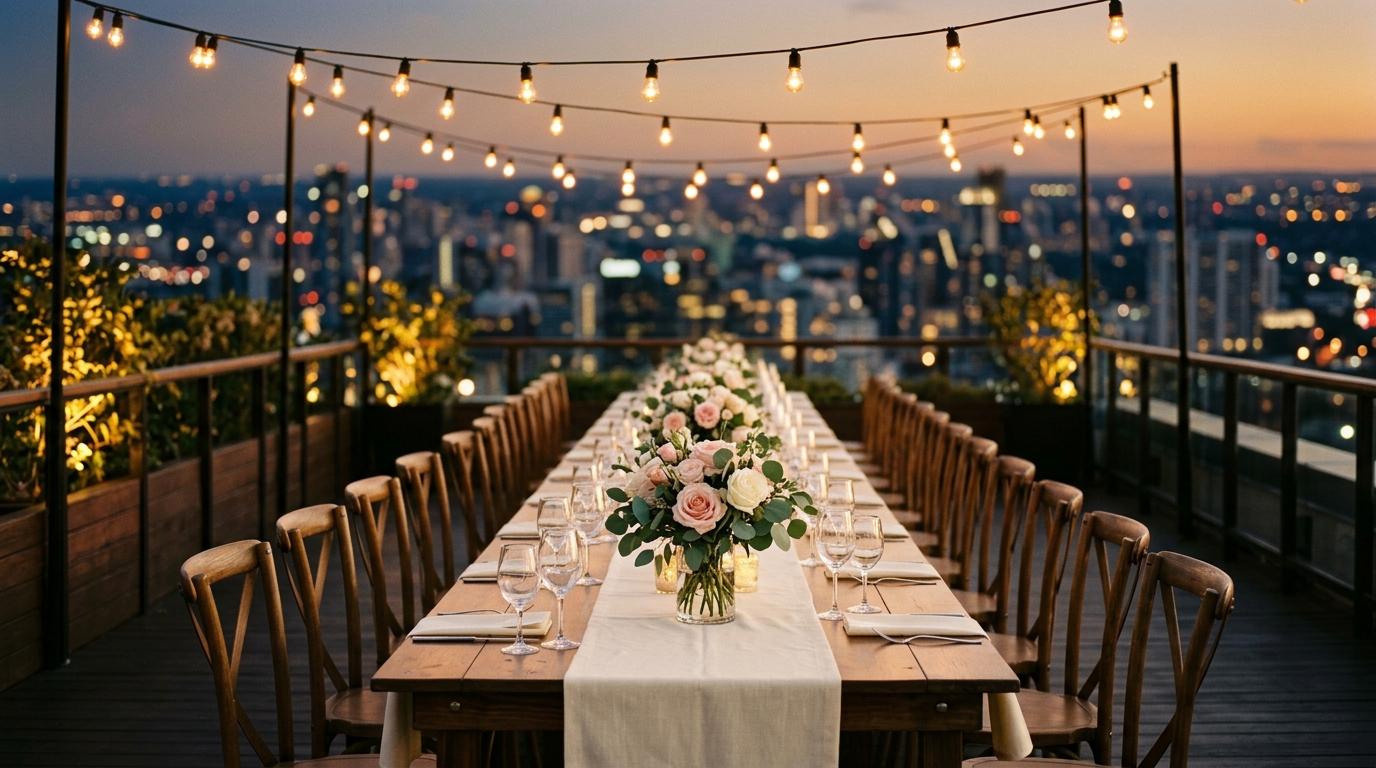 Mesa de gala en una azotea con rosas, velas y guirnalda de luces sobre el perfil de la ciudad