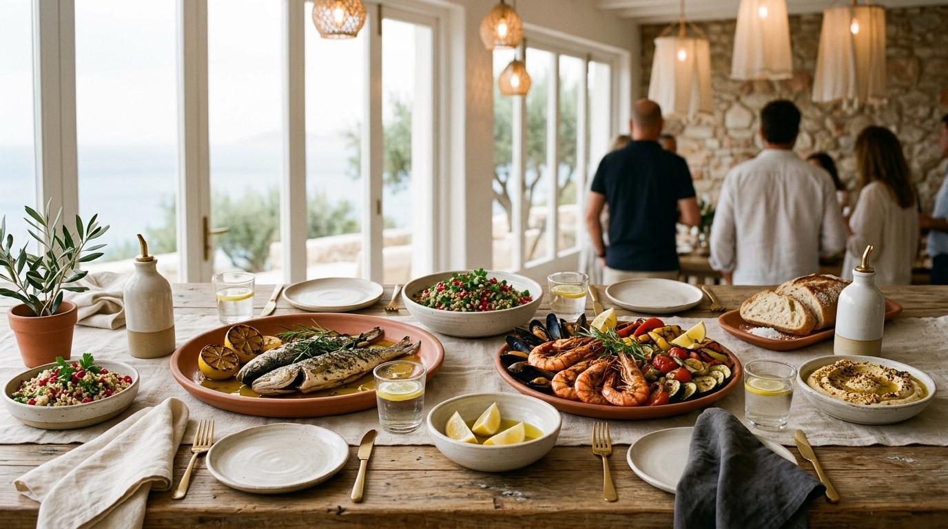 Mesa de madera con pescado a la brasa, bandeja de gambas y mejillones, hummus y pan, con el mar al fondo por los ventanales