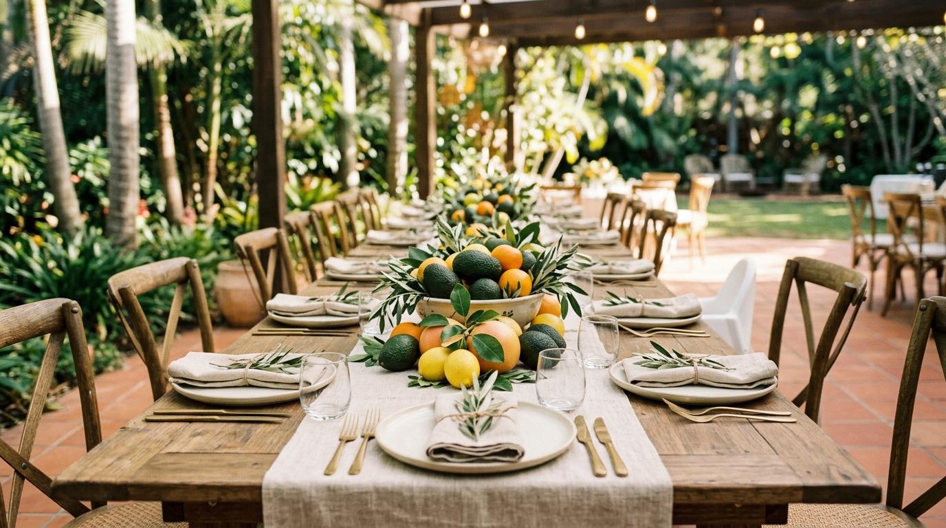 Mesas de boda al aire libre bajo una pérgola con palmeras, centro de aguacates y cítricos y servilletas de lino sobre platos de cerámica