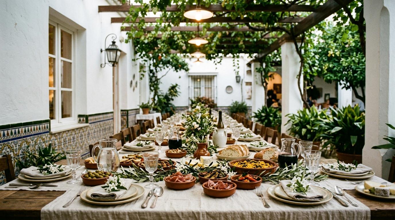 Mesa larga en un patio andaluz encalado con zócalo de azulejos, parra en la pérgola y cazuelas de barro con jamón, aceitunas y queso