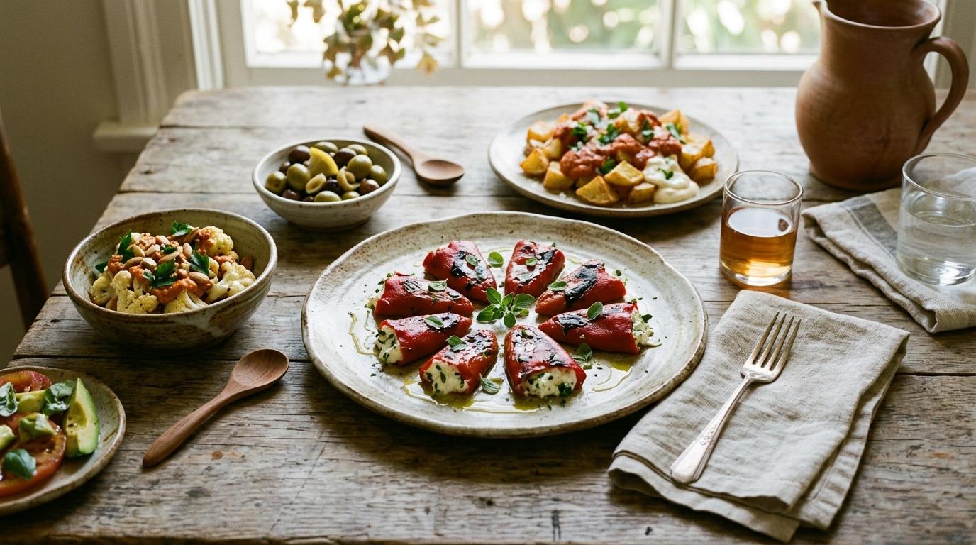 Mesa rústica con pimientos rellenos, patatas bravas, aceitunas y ensalada de tomate