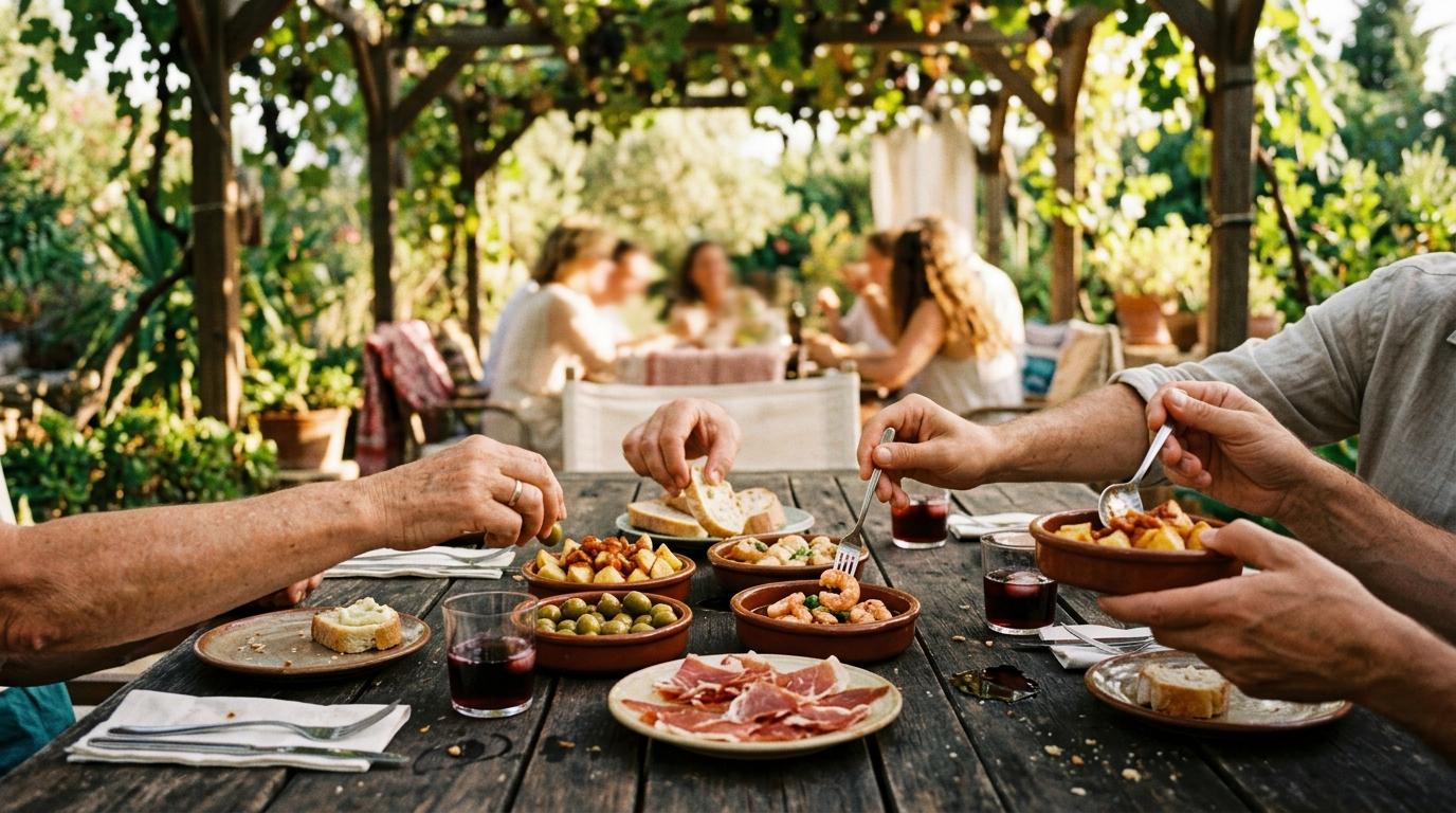 Manos compartiendo tapas de jamón, gambas y aceitunas en una mesa bajo un emparrado