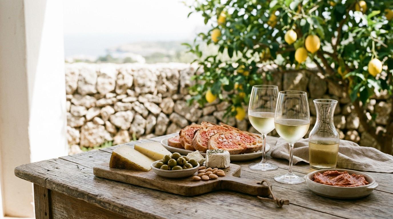 Tabla de madera con pa amb oli, quesos, aceitunas, almendras y sobrasada junto a dos copas de vino blanco, con un limonero y el mar al fondo