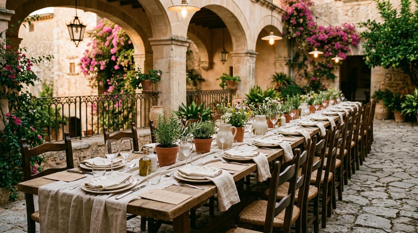Mesa de celebración en el patio empedrado de una casa señorial mallorquina, con arcos de piedra, buganvilla y servilletas de lino sobre platos de cerámica