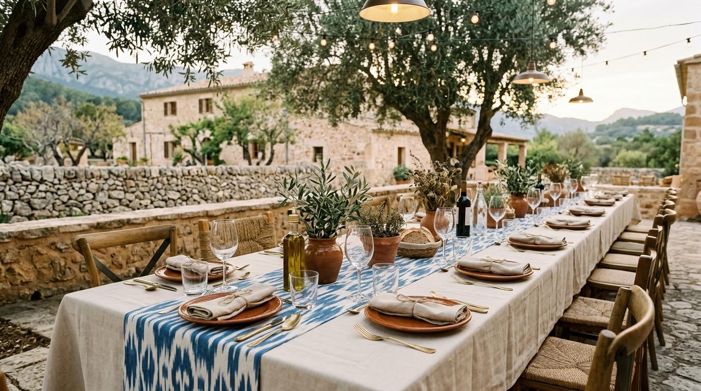 Mesa larga bajo olivos en la terraza de una finca mallorquina de piedra de marès, con camino de mesa de llengües azul, platos de barro y la sierra al fondo
