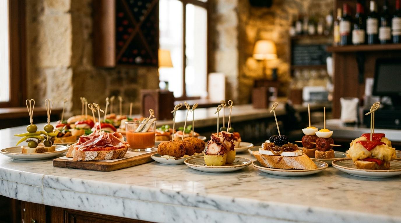Pintxos de jamón, croquetas y pulpo alineados en una barra de mármol de un bar