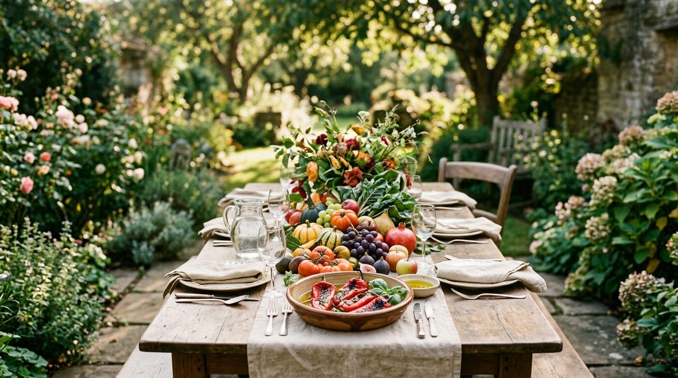 Mesa de jardín con centro de calabazas, uvas e higos junto a un plato de pimientos asados