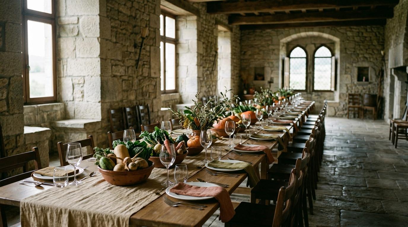 Salón de piedra con mesa larga de madera y un centro de calabazas, acelgas y zanahorias