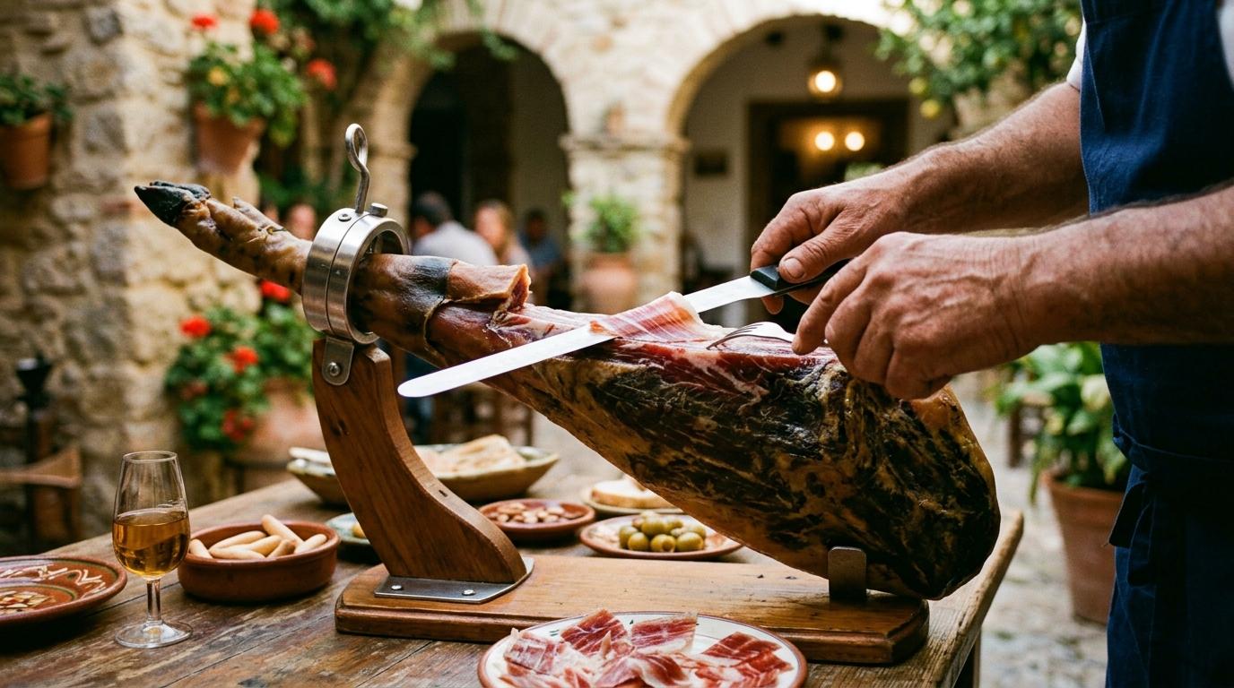 Manos cortando jamón ibérico en un jamonero junto a una copa de vino y aceitunas