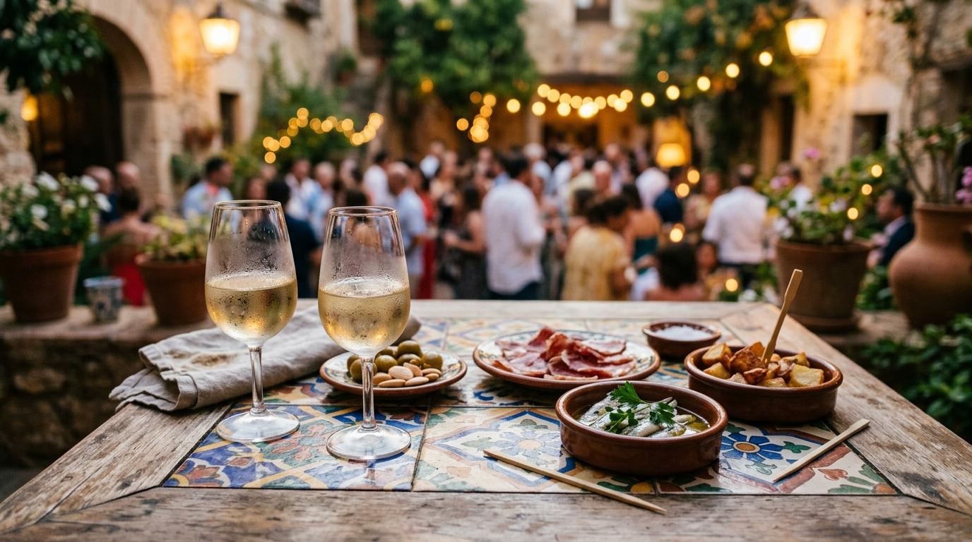 Copas de vino blanco y tapas sobre una mesa de azulejos ante una fiesta desenfocada al fondo