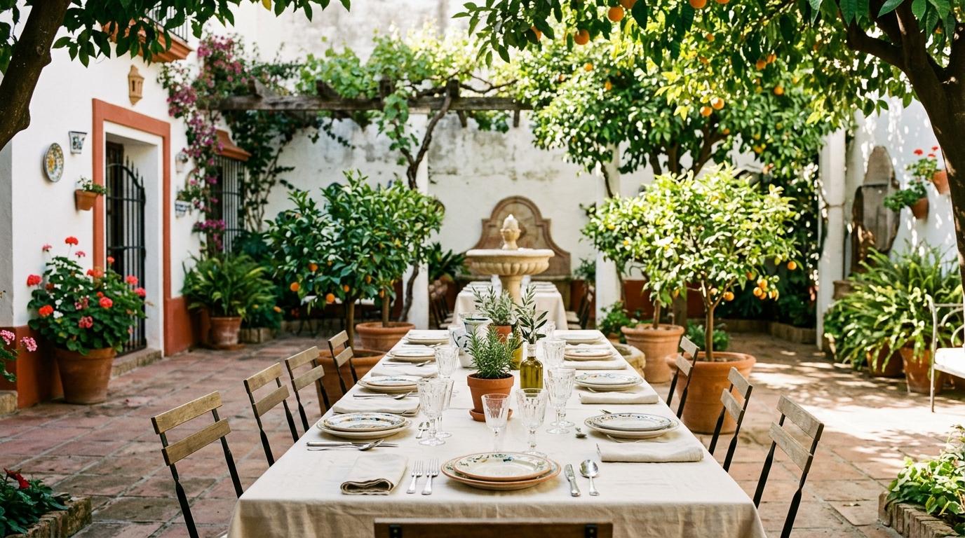 Patio andaluz con naranjos, fuente de piedra y mesa larga vestida con centros de romero