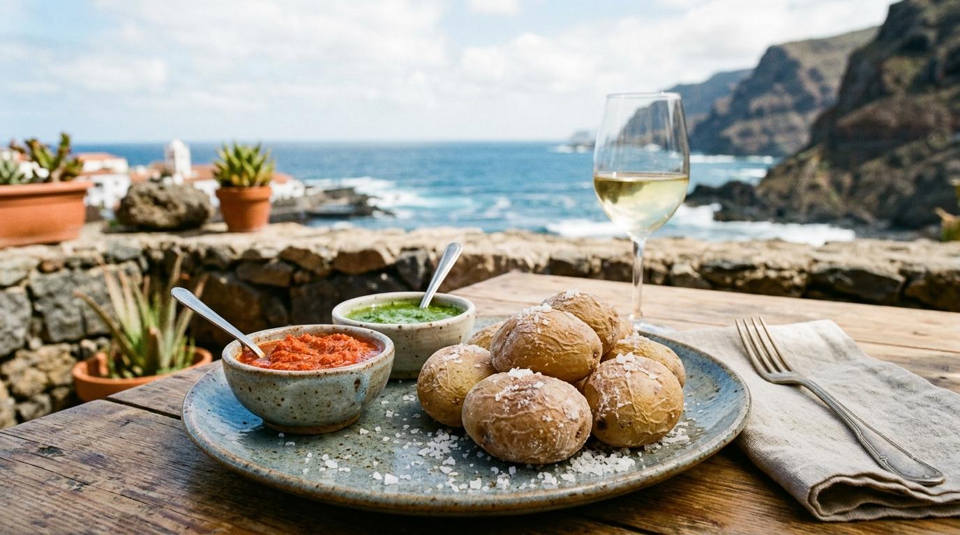 Patatas arrugadas con mojo rojo y verde junto a una copa de vino frente al mar
