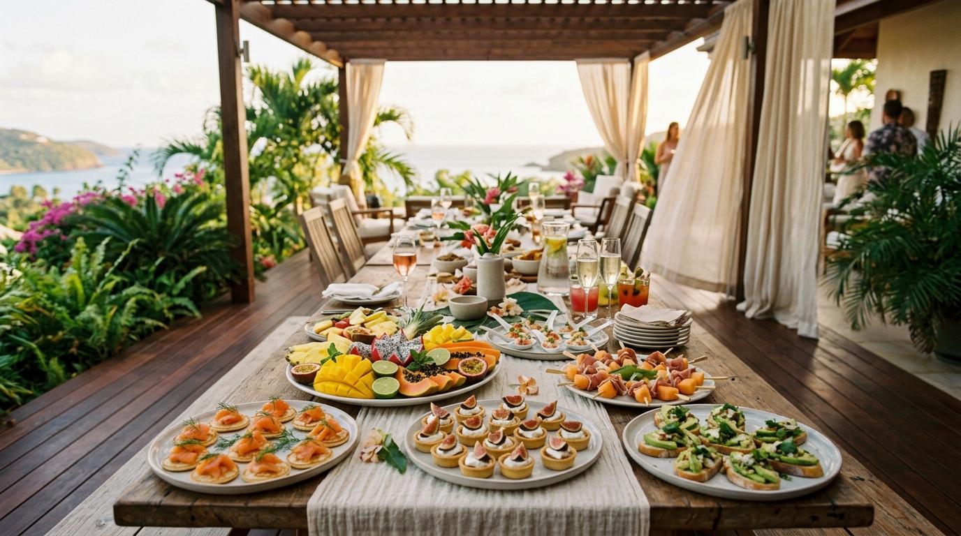 Mesa de bufé con canapés de salmón, fruta tropical y brochetas de jamón junto al mar