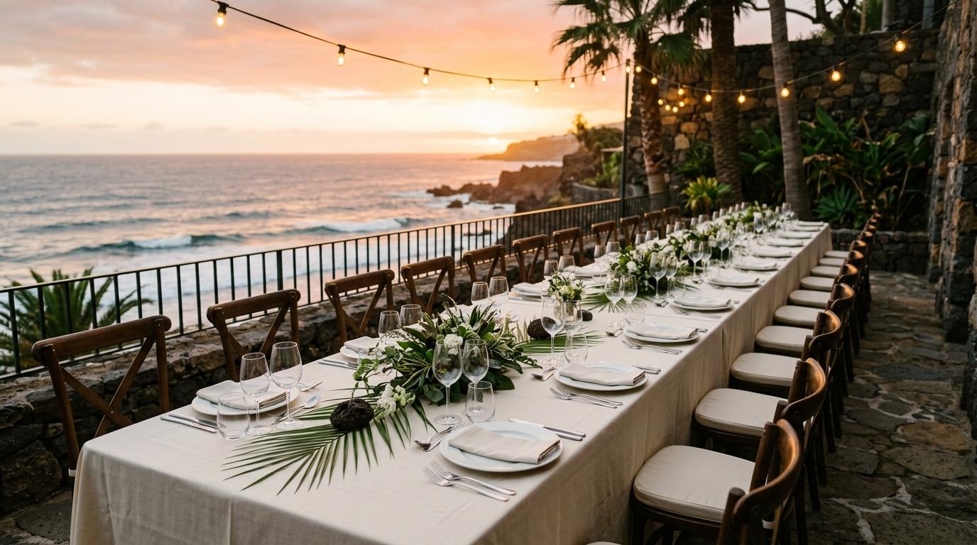 Mesa de banquete junto a un acantilado con palmeras y hojas tropicales al atardecer