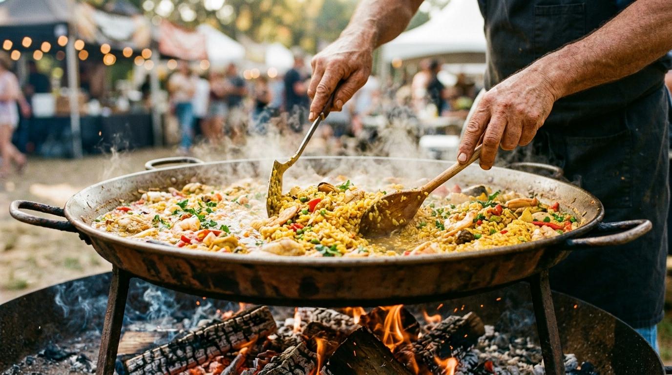 Chef removiendo una paella gigante sobre leña al aire libre entre humo y brasas