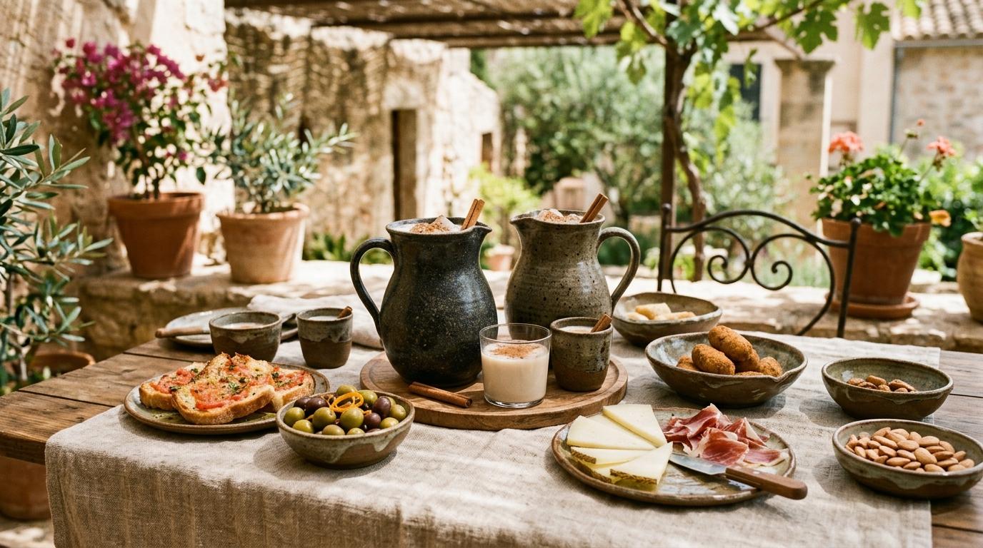 Jarras de horchata con canela junto a pan con tomate, jamón y croquetas en el jardín