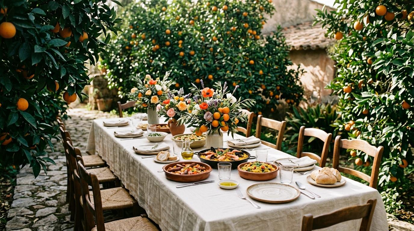 Mesa de jardín bajo naranjos con paellas servidas y un centro floral colorido