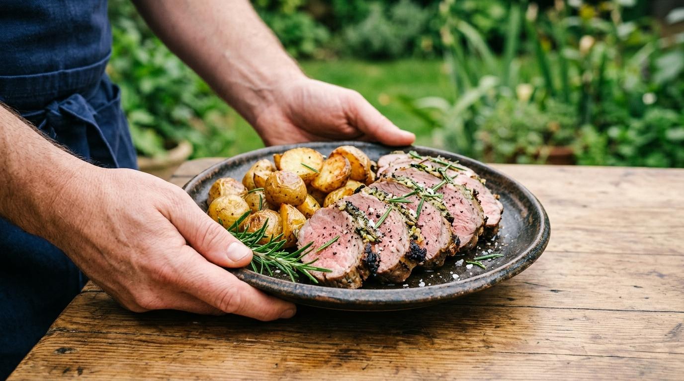 Manos sosteniendo un plato de lomo asado con romero y patatas al horno en un jardín