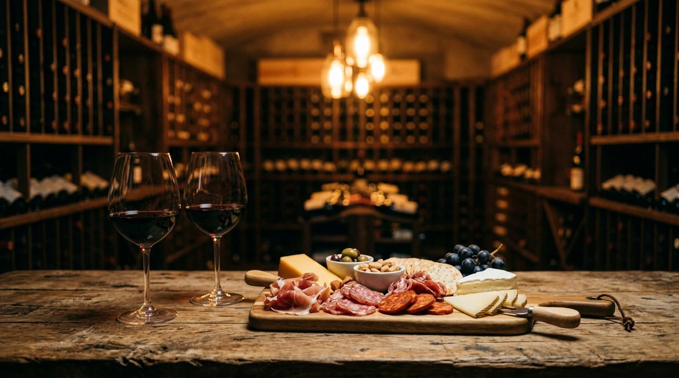 Copas de vino tinto junto a una tabla de embutidos y quesos en una bodega de piedra