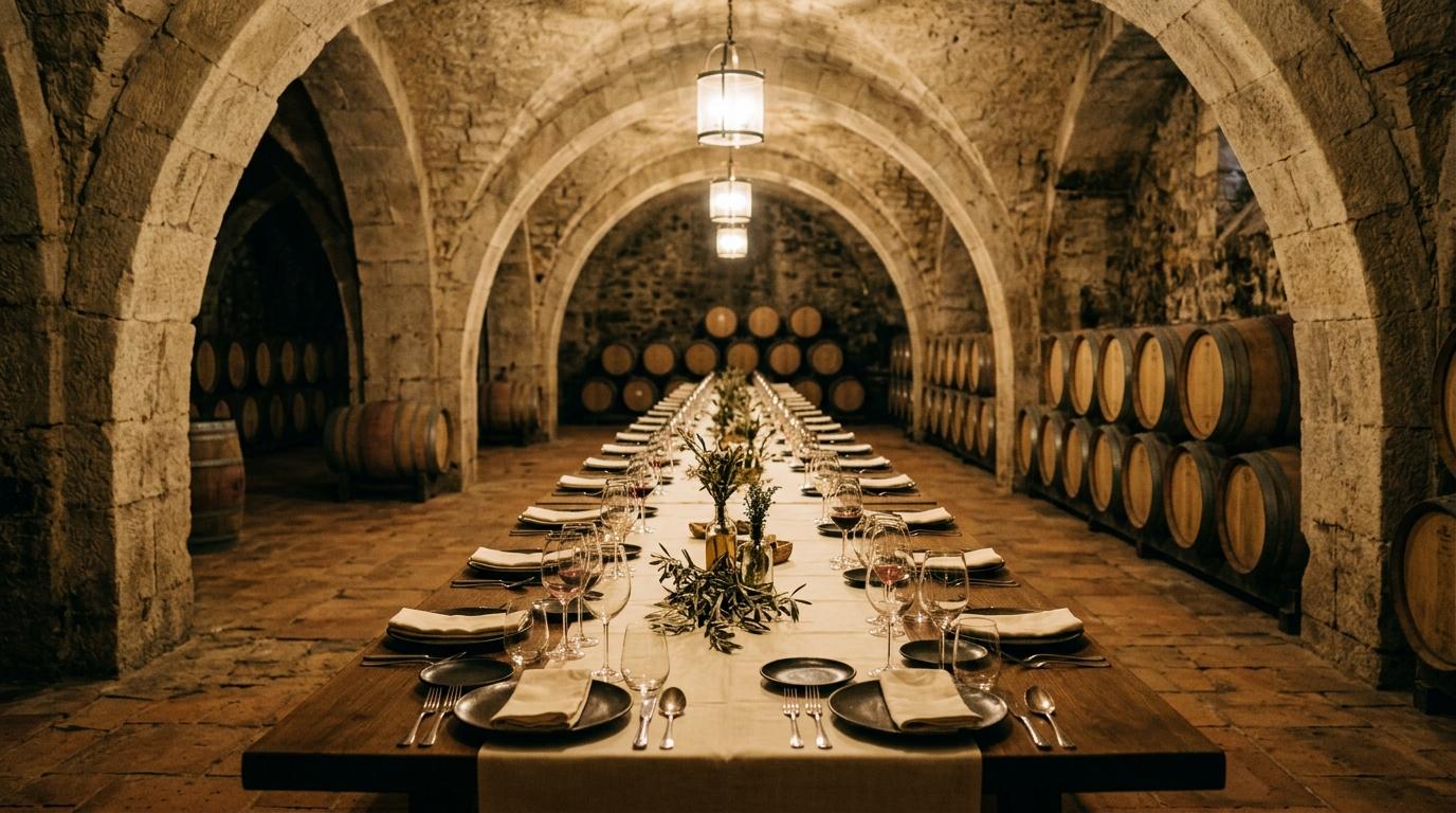 Bodega de piedra con barricas de roble y una mesa larga vestida con copas de vino