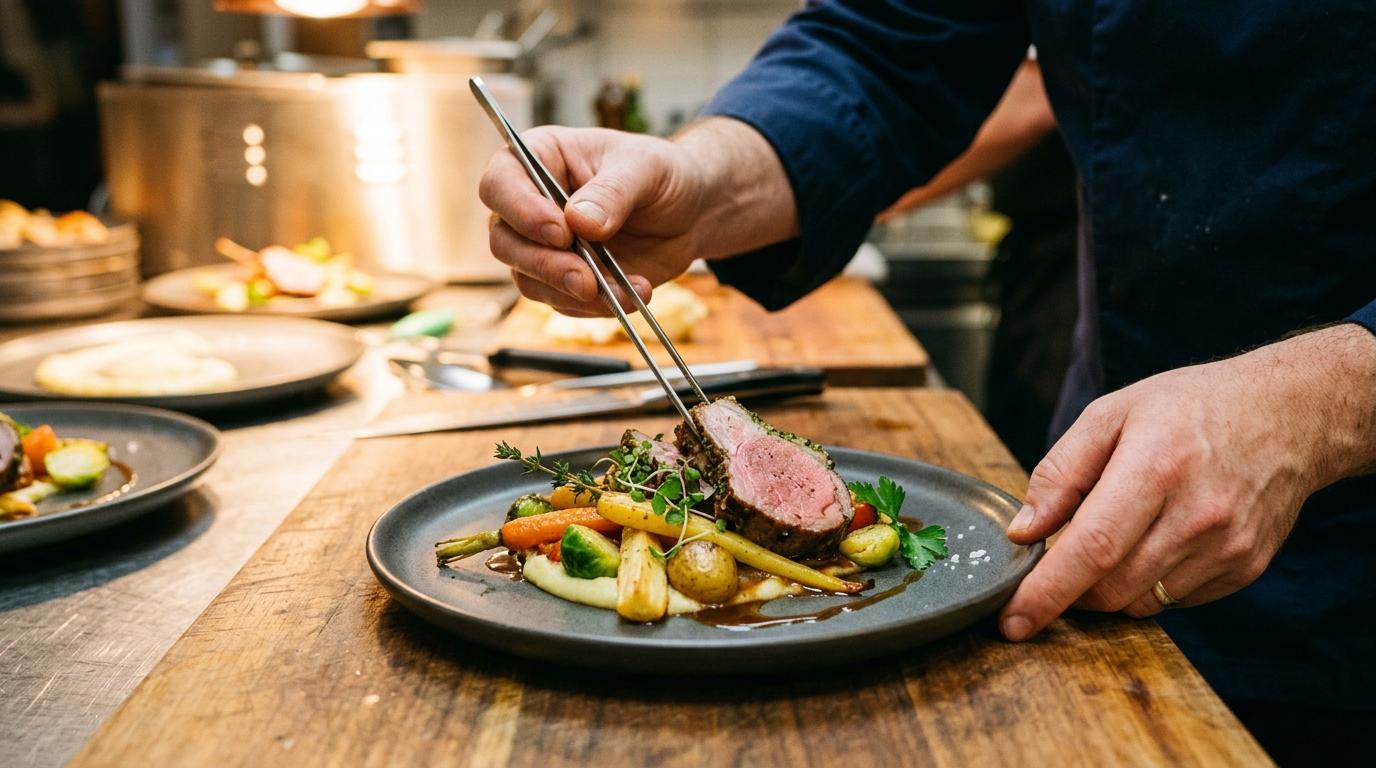 Chef emplatando carne con pinzas sobre puré y verduras asadas en una cocina profesional