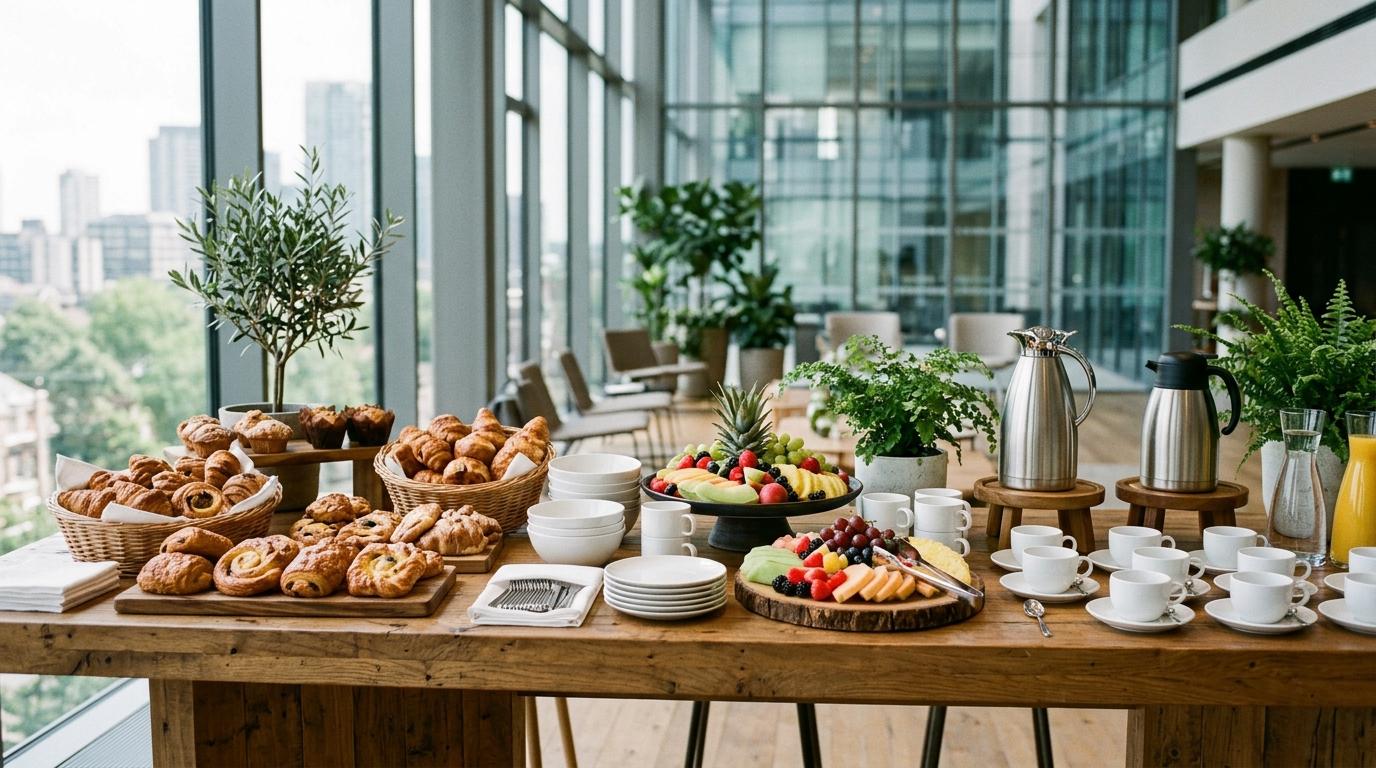 Bufé de coffee break con cruasanes, bollería y fruta en una sala acristalada