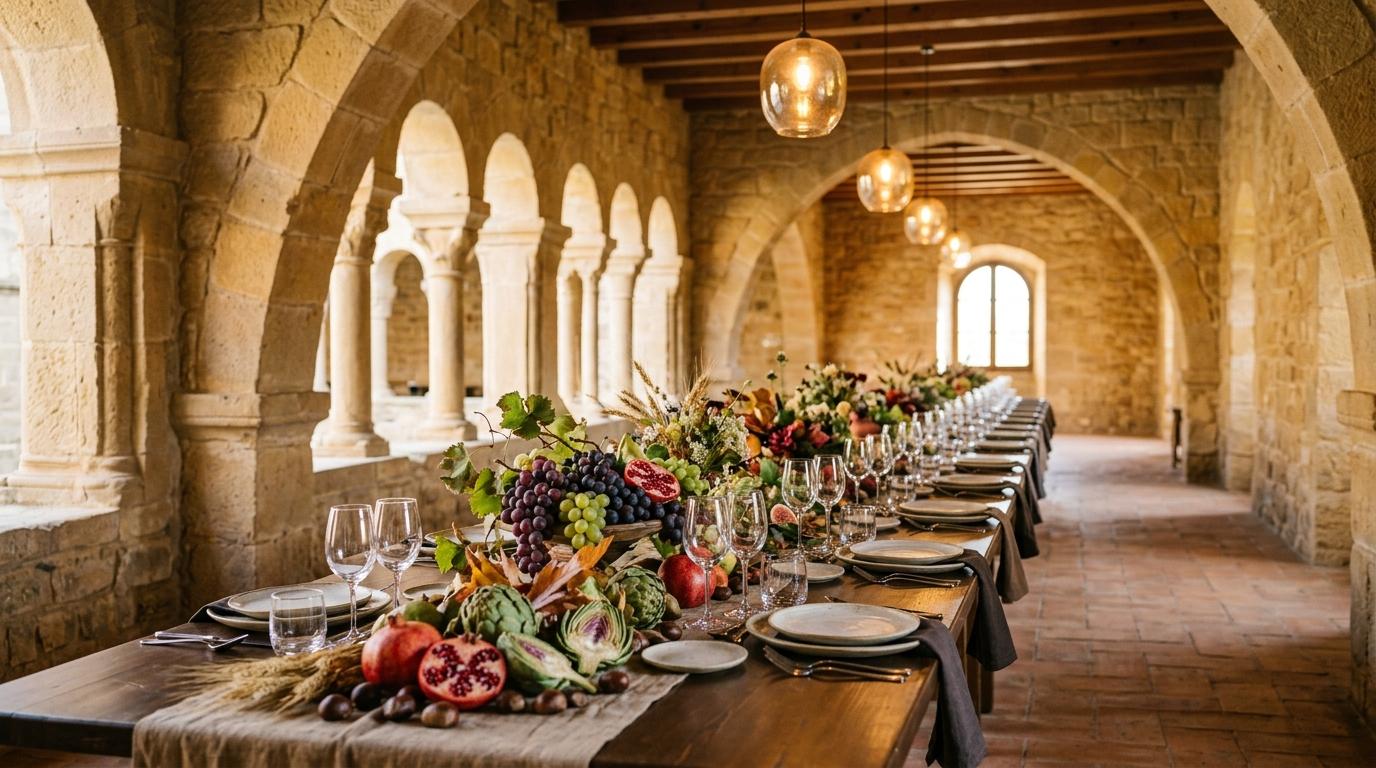 Claustro de piedra con arcos y mesa larga vestida con un centro de uvas y granadas