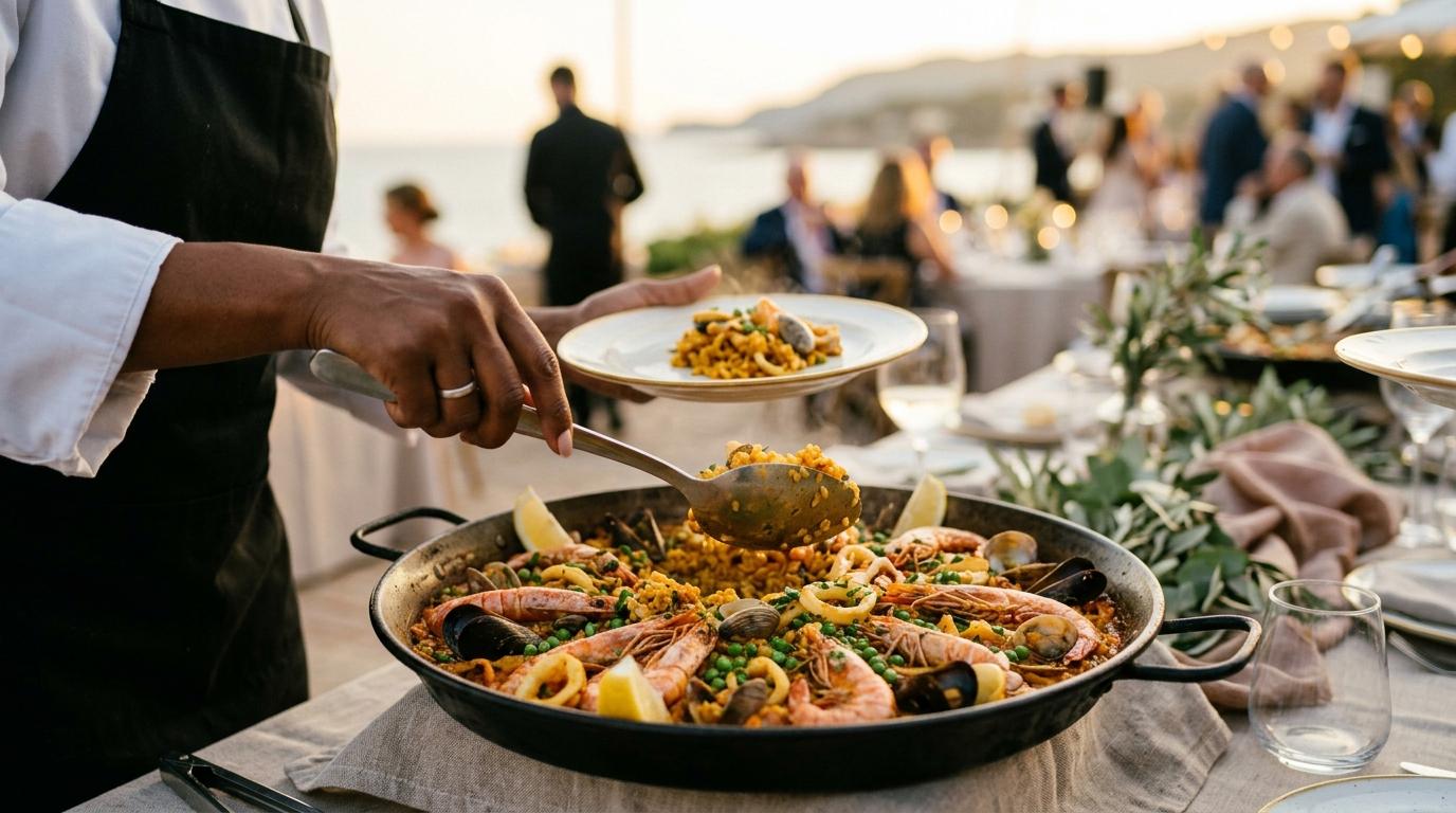 Detalle de la mesa de un catering de boda en Barcelona con vajilla fina y centros florales