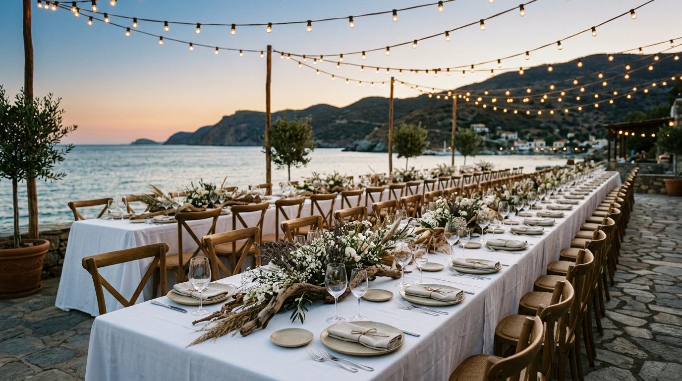 Banquete de boda en Barcelona con mesa elegantemente decorada y camareros sirviendo platos gourmet