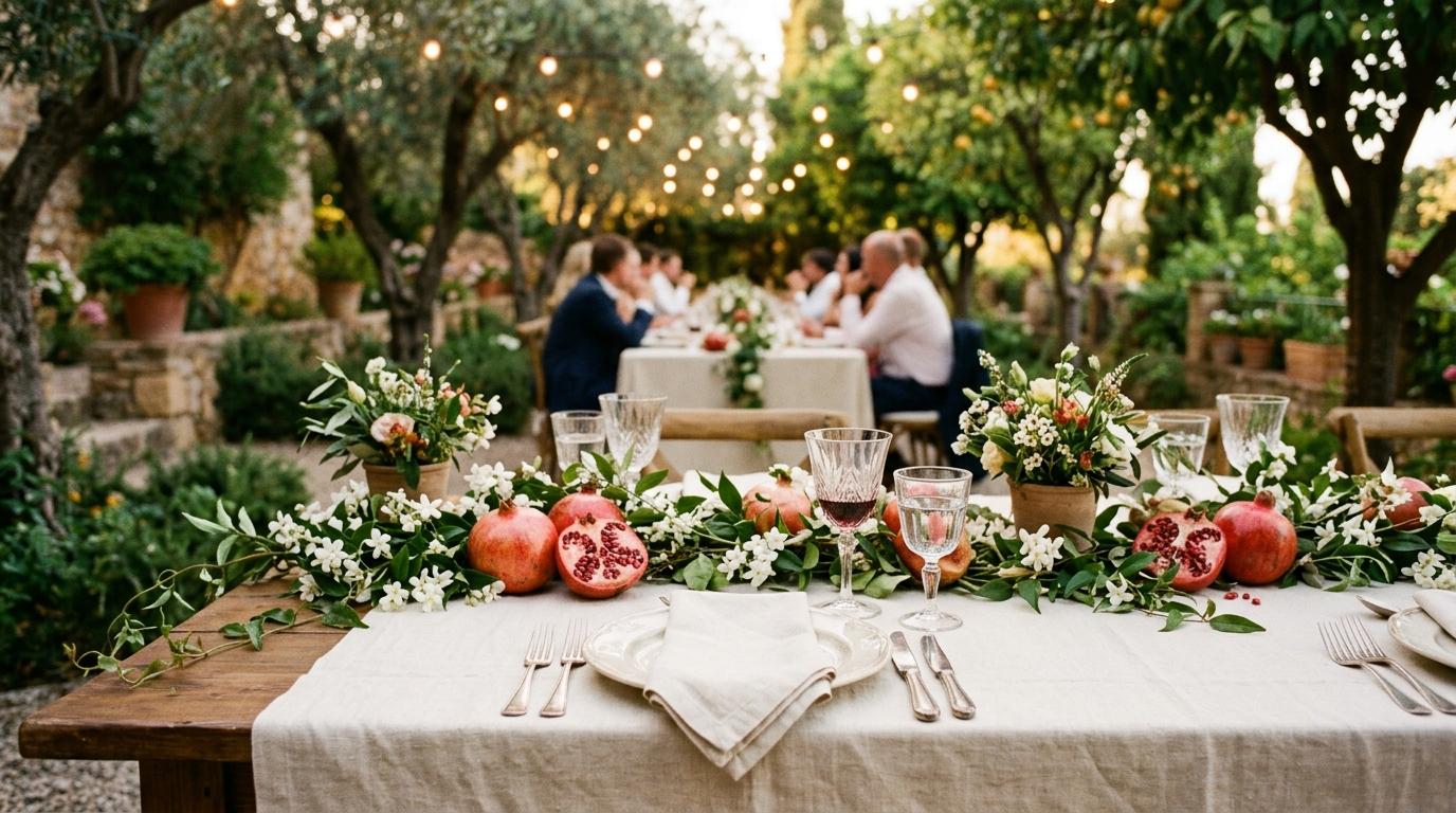 Mesa de banquete de boda decorada con flores y velas en una finca de Granada
