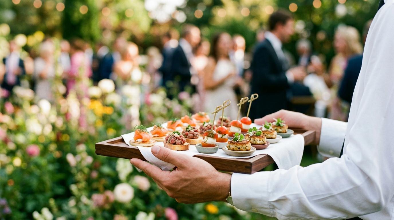 Foto de un banquete de boda en Madrid con camareros sirviendo platos