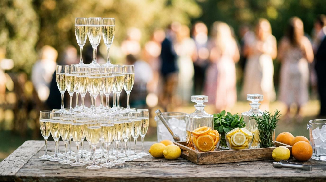 Detalle de la mesa de un catering de boda en Madrid con decoración floral y copas