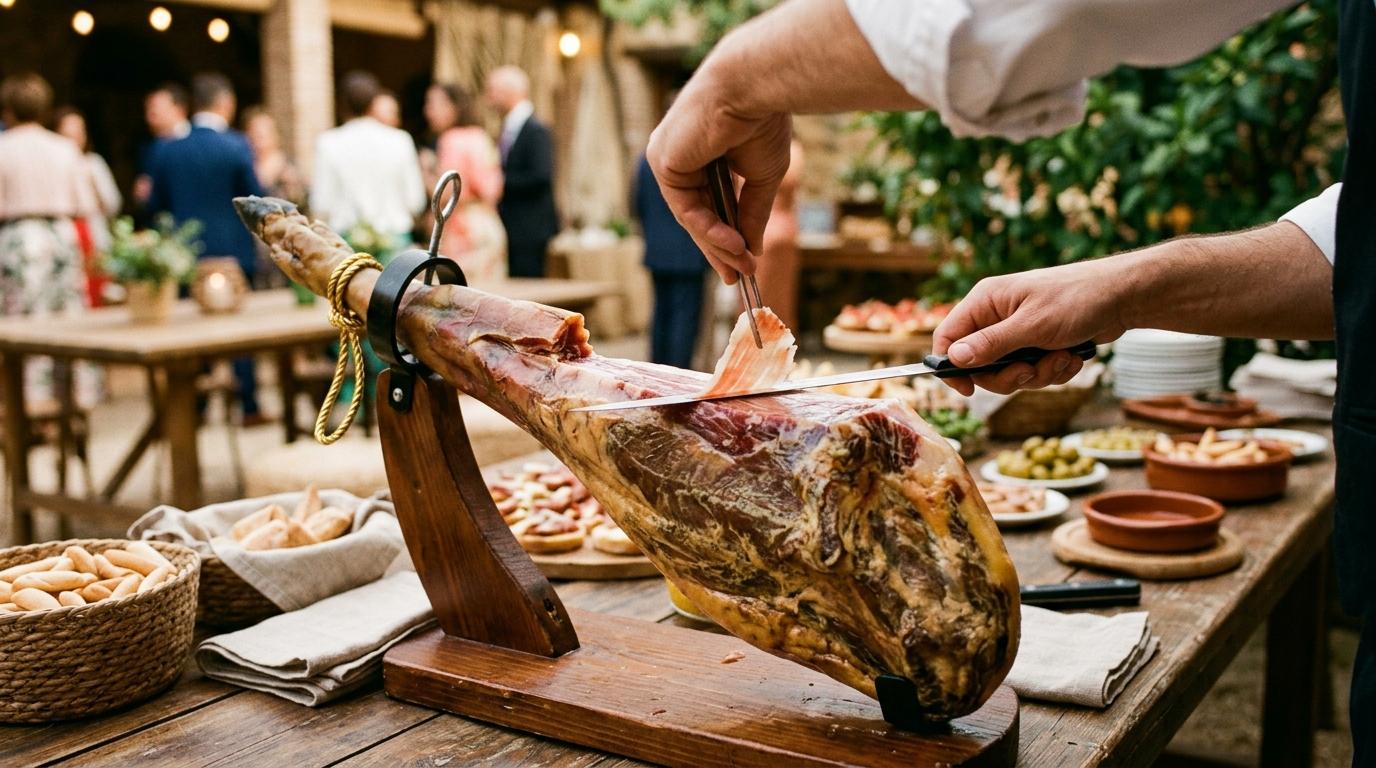 Mesa de catering en boda sevillana con platos típicos