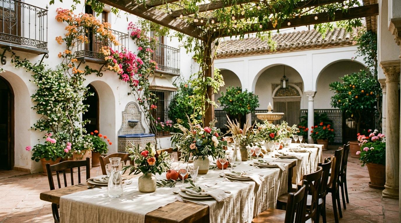 Banquete de boda en Sevilla con mesa elegantemente decorada