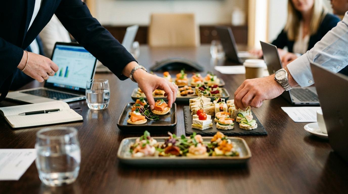 Buffet de catering corporativo en Madrid con bandejas de comida variada para un evento de empresa