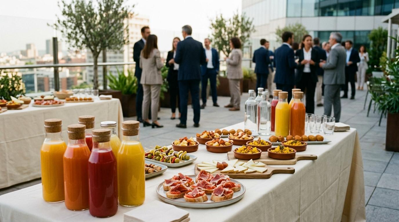 Camarera de catering sirviendo cóctel a invitados en un evento corporativo en Madrid