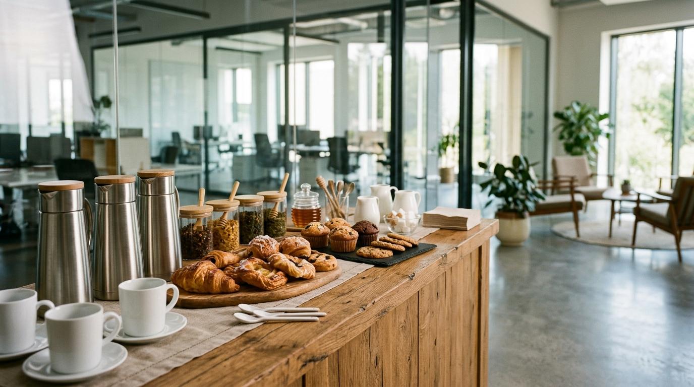 Mesa de catering para empresas en Madrid con coffee break y camareros atendiendo a profesionales en una sala de reuniones