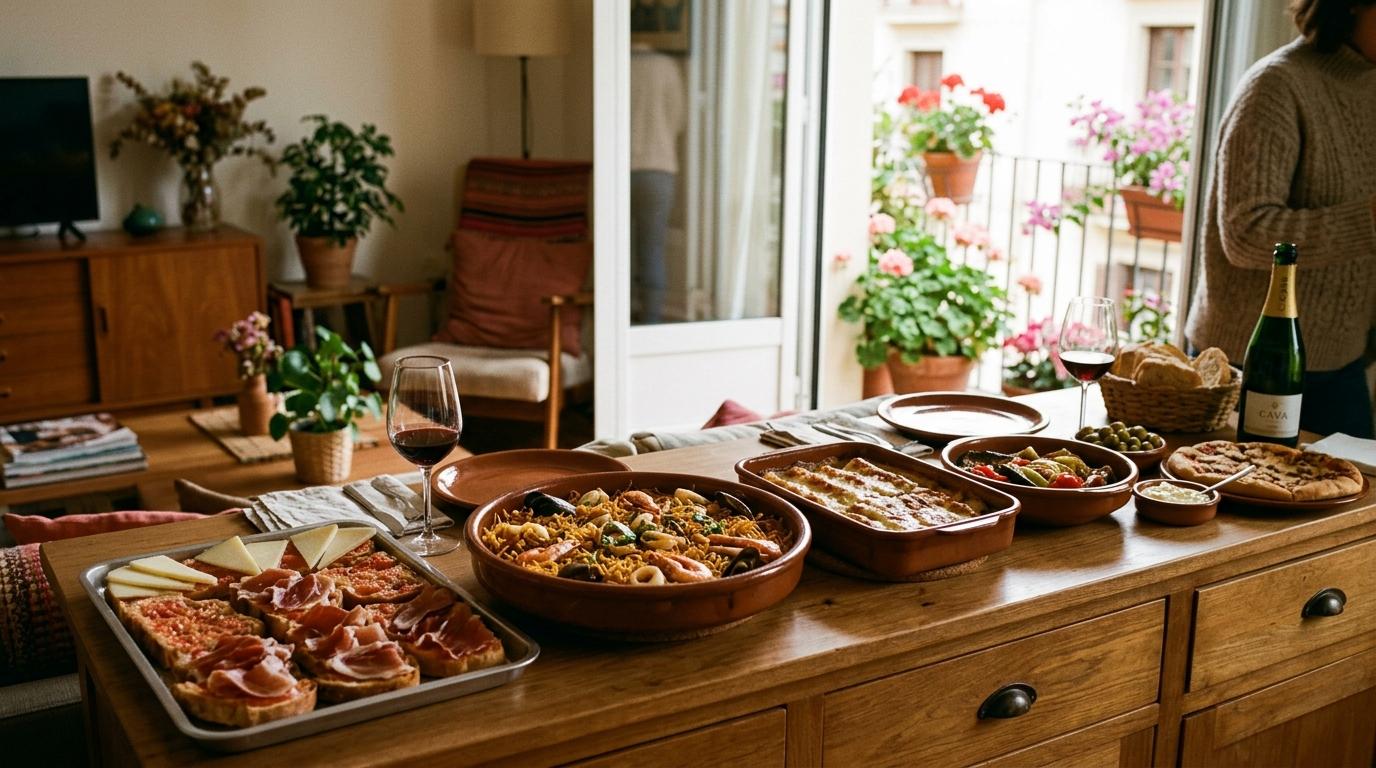 Buffet de catering a domicilio montado para una celebración en Barcelona