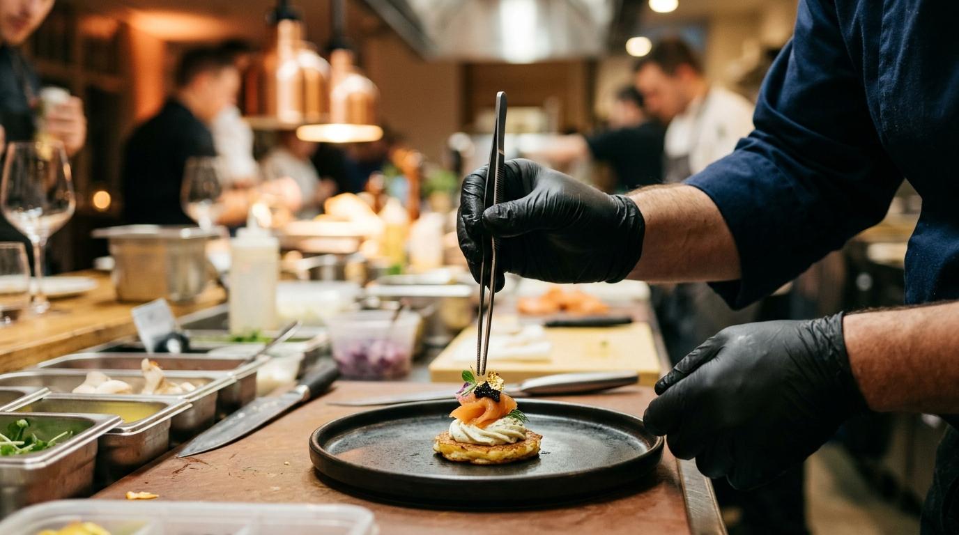 Chef de catering gourmet emplatando un plato premium en Madrid