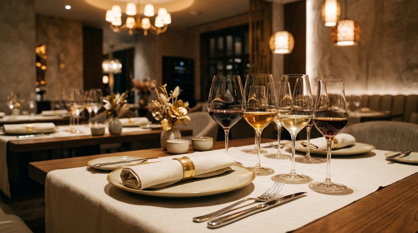 Mesa de cóctel gourmet con finger food y copas de vino en un evento privado